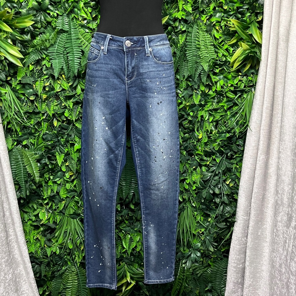 Seven7 Jeans Pants Size 8 Blue Paint Splatter Dark Wash Skinny Stretch 3645‎ - Picture 7 of 11
